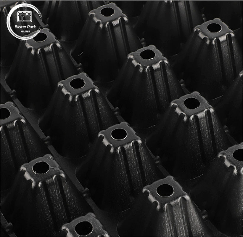 Envases de plástico negro duraderos para invernaderos Material reciclado 50 semilleras de células 3.8cm Agujeros profundos