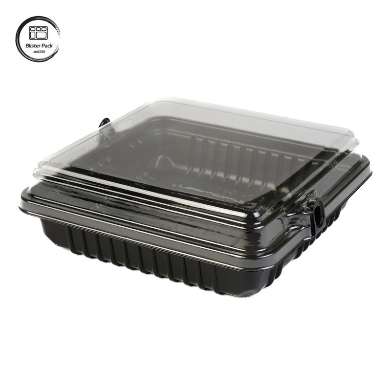 Envases de plástico desechables de PET de tamaño pequeño y cuadrado con diseño apilable para comida para llevar al restaurante