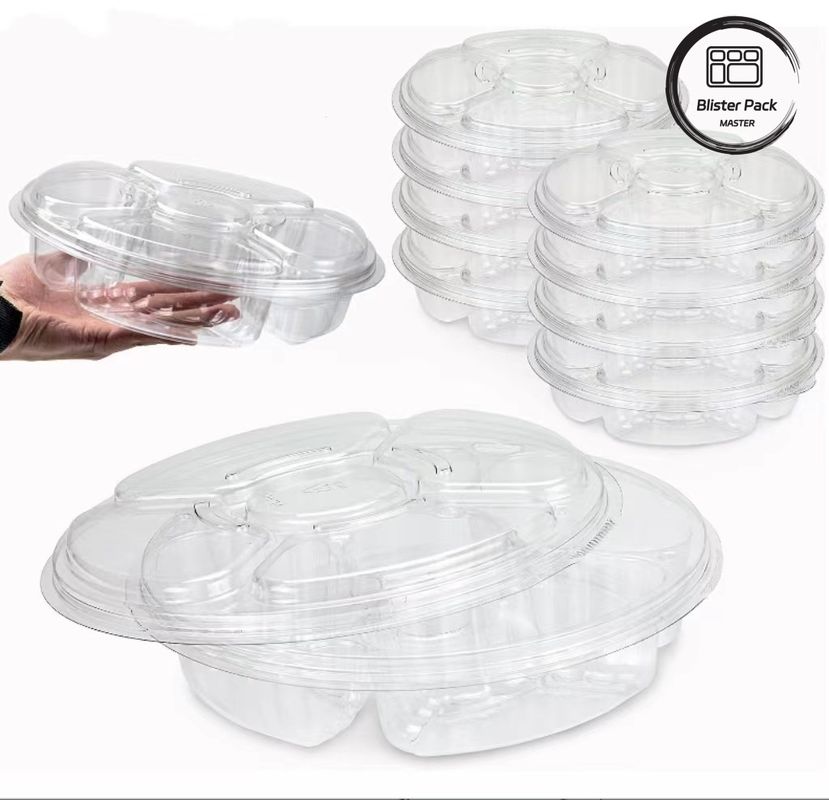 5 Sección bandeja redonda de servicio con tapa bandejas de plástico para exhibición de verduras de supermercado