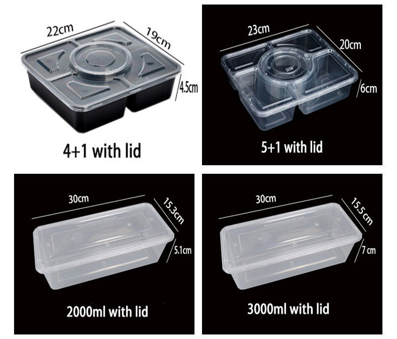 Preparación de comidas de plástico transparente 6 compartimiento Bento Box desechable para hoteles y eventos