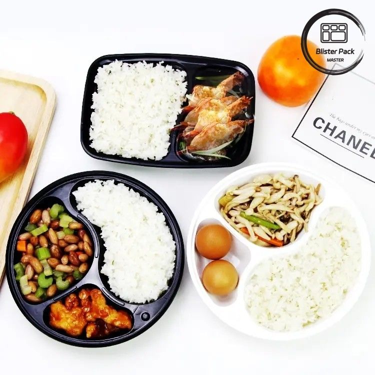 Cajas de plástico para llevar con microondas con 2, 3, 4, 6 compartimentos Contenedores de comida desechables rectangulares negros