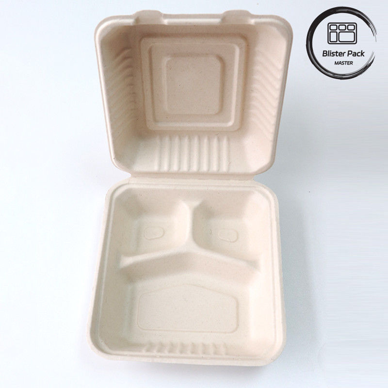 Blister Ecocompostable Clamshell 3 Compartimiento Bote de comida desechable de caña de azúcar Bagasse