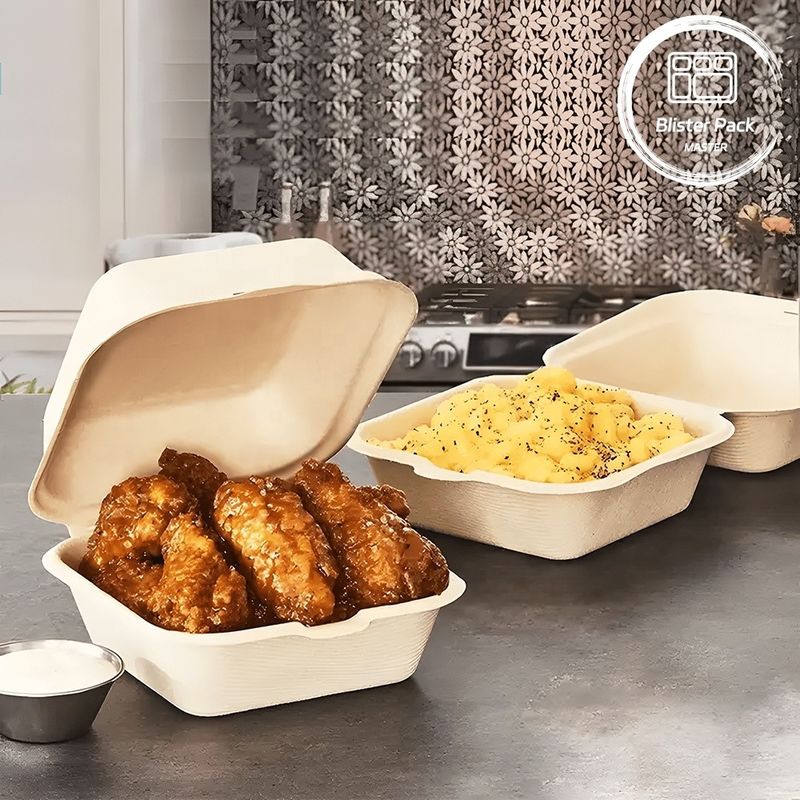 Blister Ecocompostable Clamshell 3 Compartimiento Bote de comida desechable de caña de azúcar Bagasse