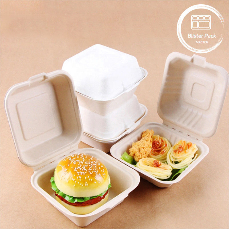 Blister Ecocompostable Clamshell 3 Compartimiento Bote de comida desechable de caña de azúcar Bagasse
