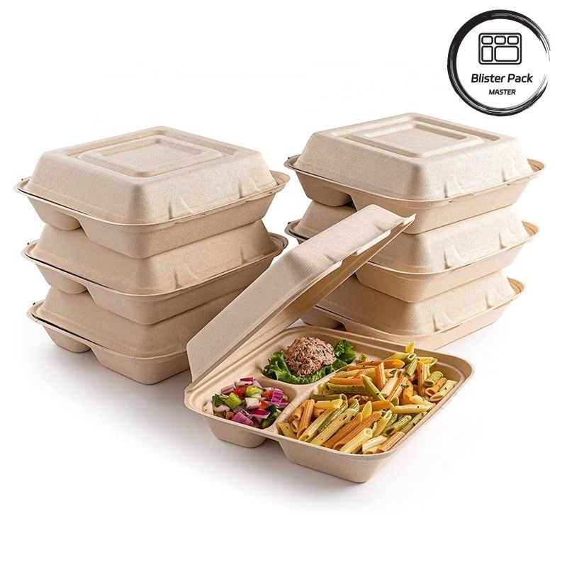 Blister Ecocompostable Clamshell 3 Compartimiento Bote de comida desechable de caña de azúcar Bagasse