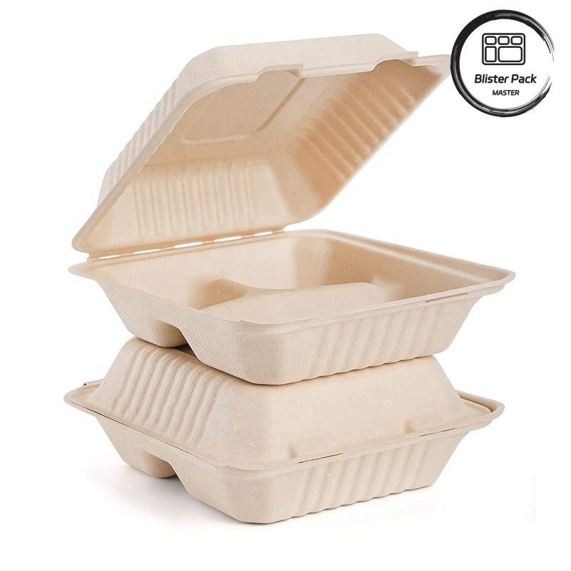 Blister Ecocompostable Clamshell 3 Compartimiento Bote de comida desechable de caña de azúcar Bagasse