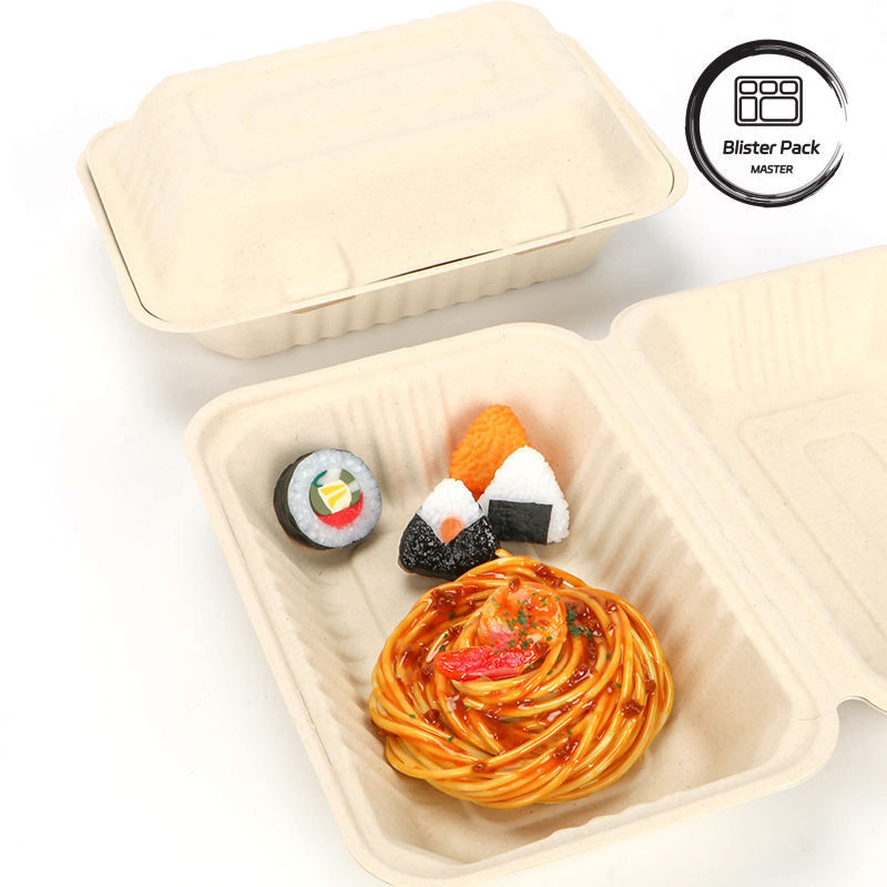 9 pulgadas de caña de azúcar Bagasse Clamshell Lunch Box Contenedor de alimentos desechables y biodegradables para hamburguesas y panadería