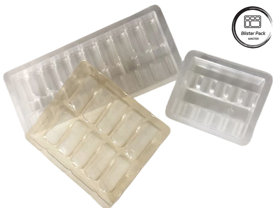 OEM y ODM PET Vacuum Forming Blister Plastic Tray, embalaje interno personalizado para ampollas y viales