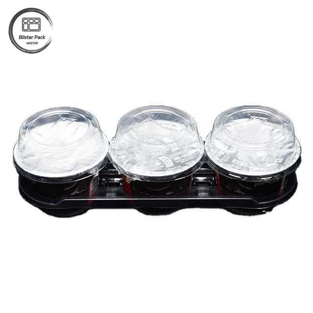 bandeja transparente desechable de PET espesa con portacafe de 3 secciones, bandeja de plástico para yogur y bebidas